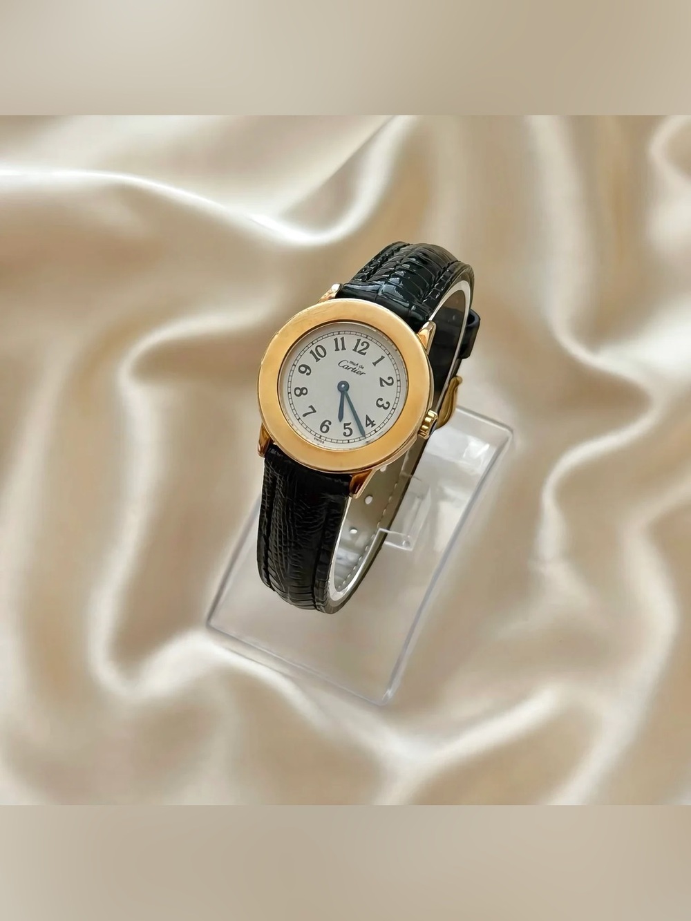 AUTHENTIC VINTAGE CARTIER BLACK LEATHER WATCH - WITH BOX - Picture 4 of 8